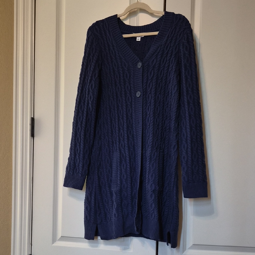 Navy Cable-Knit V-Neck Long Cardigan Sweater